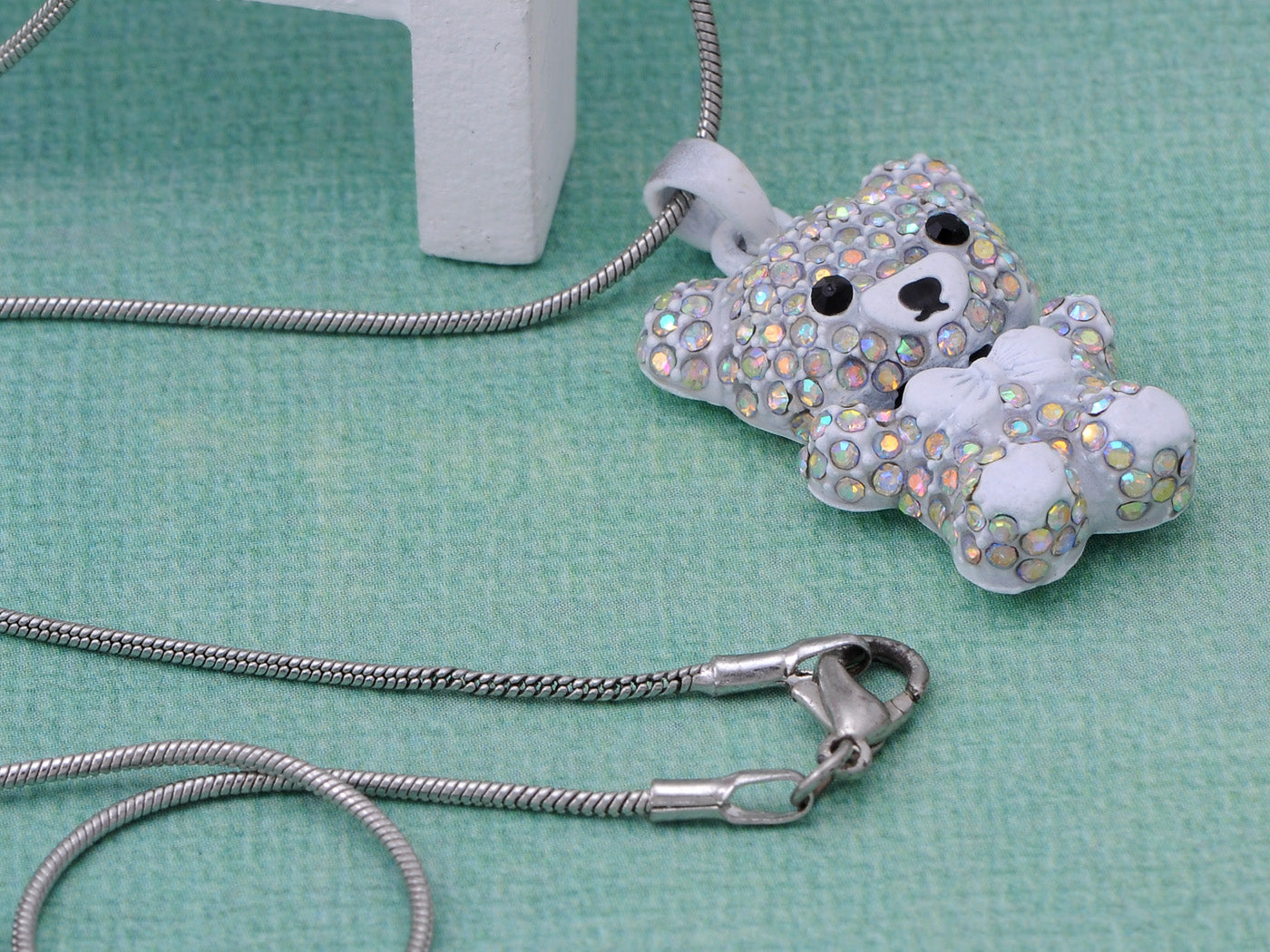 Iridescent Aurora Borealis Multicolored White Teddy Bear Pendant Necklace