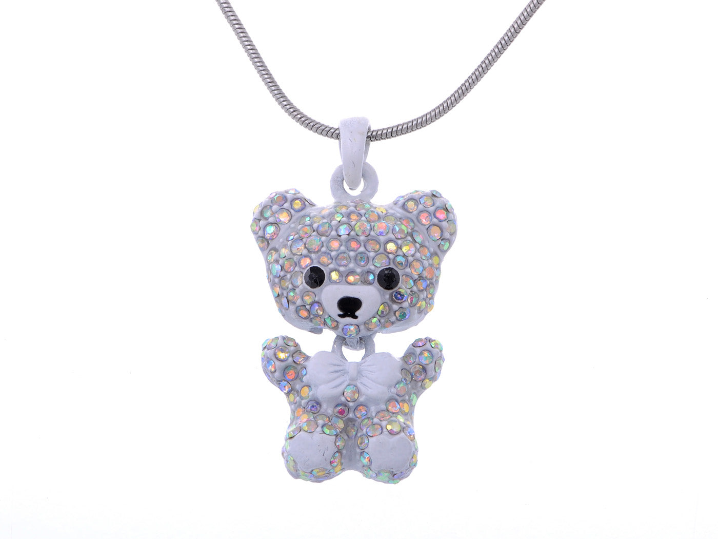 Iridescent Aurora Borealis Multicolored White Teddy Bear Pendant Necklace