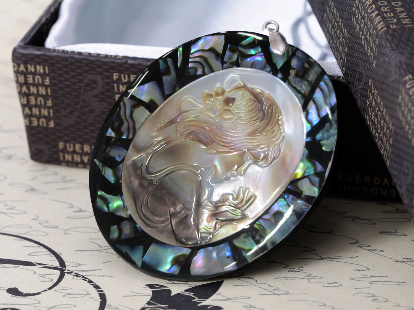 Rainbow Abalone Colored Shell Cameo Lady Princess Maiden Pendant Necklace