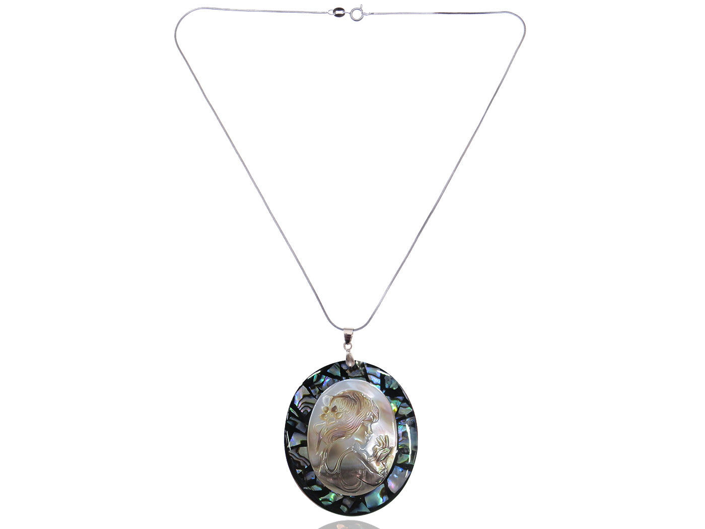 Rainbow Abalone Colored Shell Cameo Lady Princess Maiden Pendant Necklace