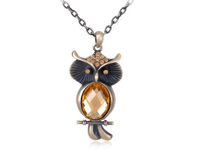 Yellow Topaz Orange Owl Pendant Necklace