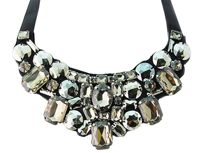 Smokey Faceted Beads Floral Ribbon Bib Necklace