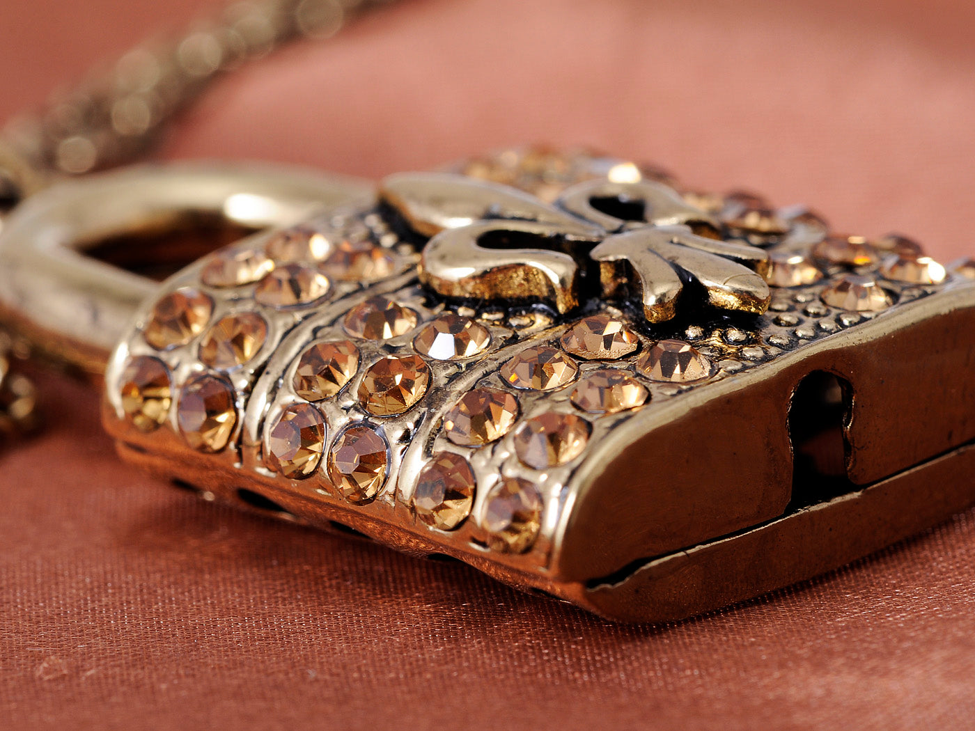 Fleur De Lis Locket Lock Key Topaz Pendant Necklace