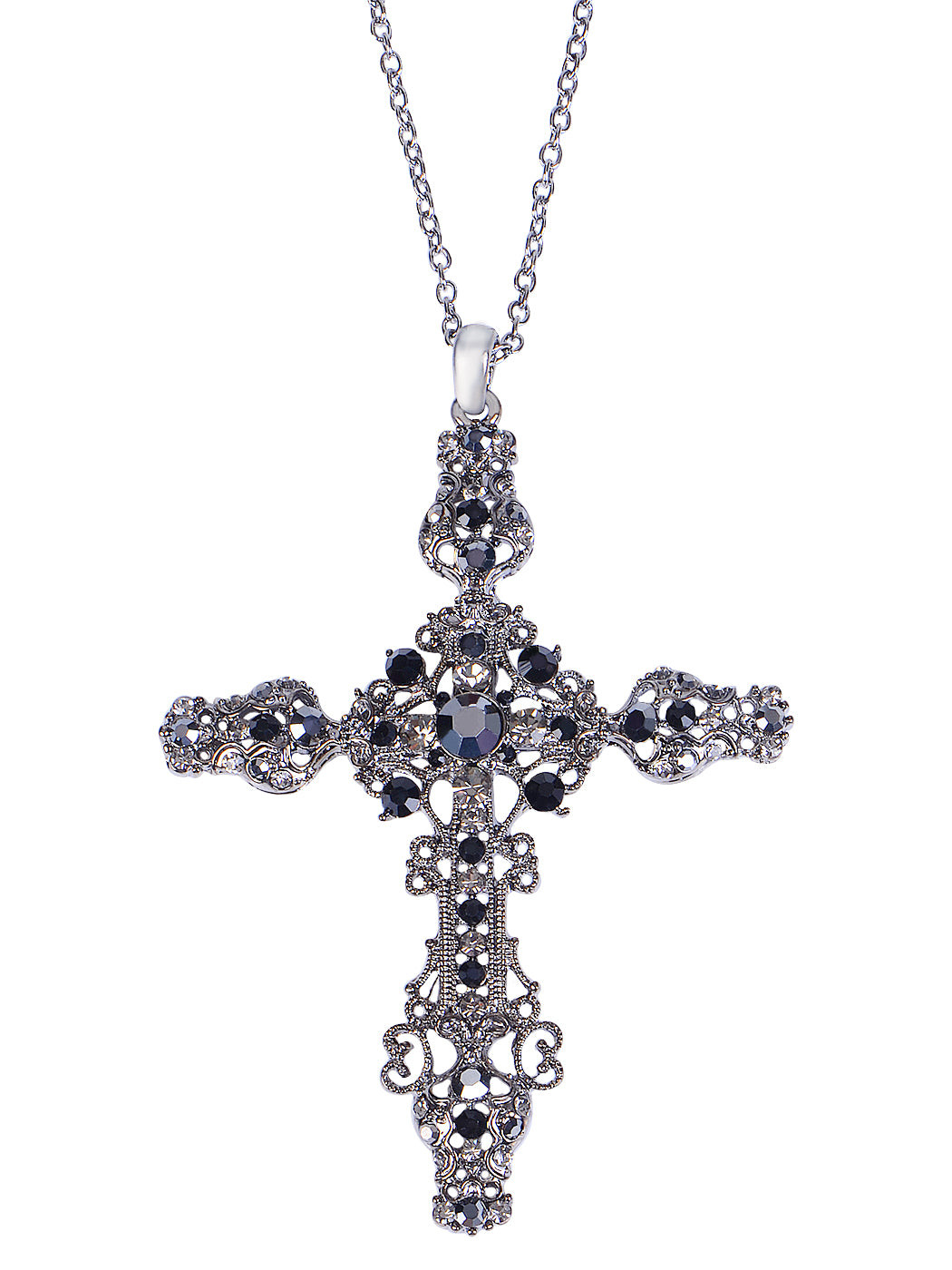 Jet Black Flourish Cross Pendant Necklace