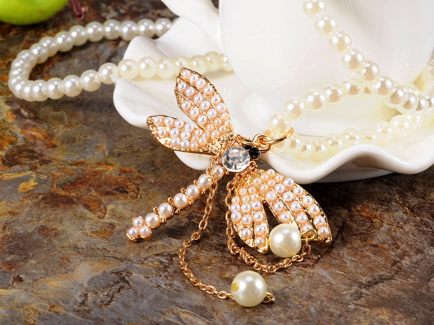 Pearl Like Beaded Cream Pastel Pink Dragonfly Insect Bridal Big Pendant Necklace