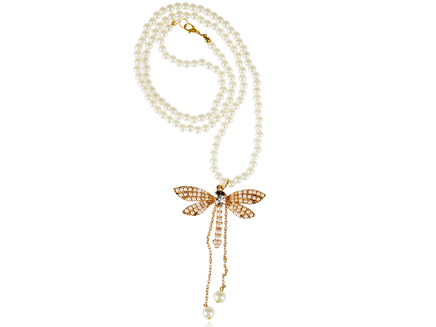 Pearl Like Beaded Cream Pastel Pink Dragonfly Insect Bridal Big Pendant Necklace