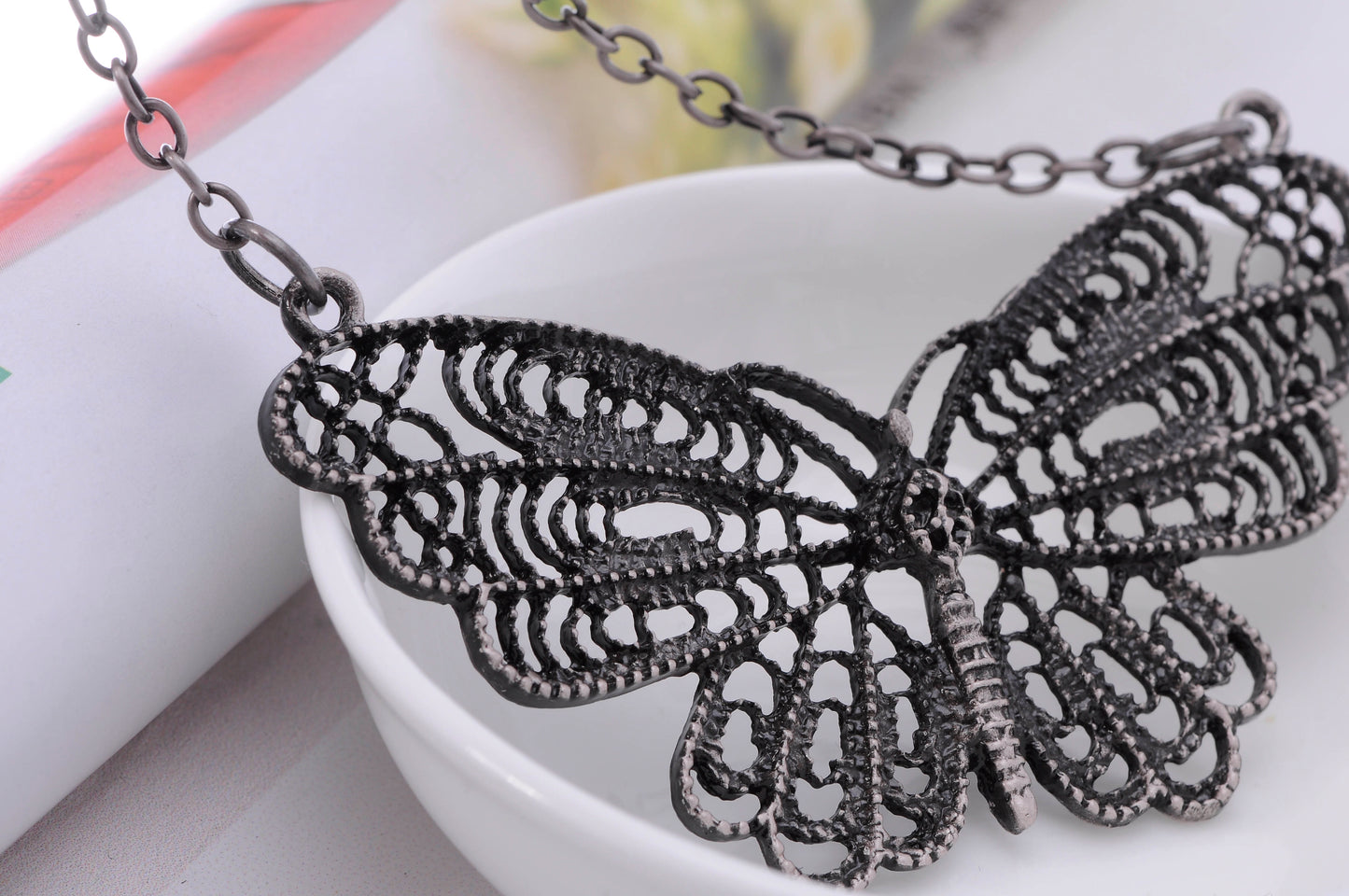 Filigree Wing Fly Butterfly Pendant Necklace