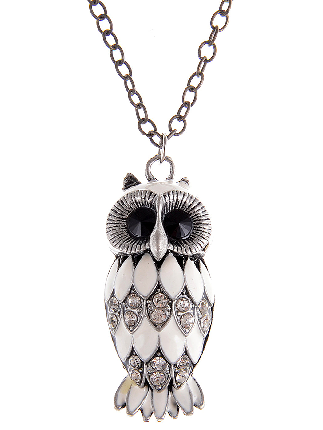 Timid Enamel White Body Scared Feather Owl Pendant Necklace