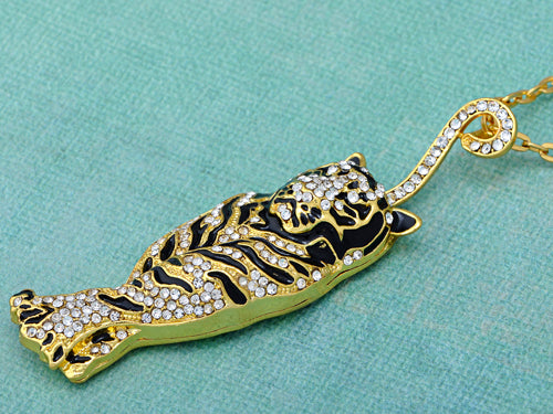 Black Enamel Stripe Tiger Pendant Necklace