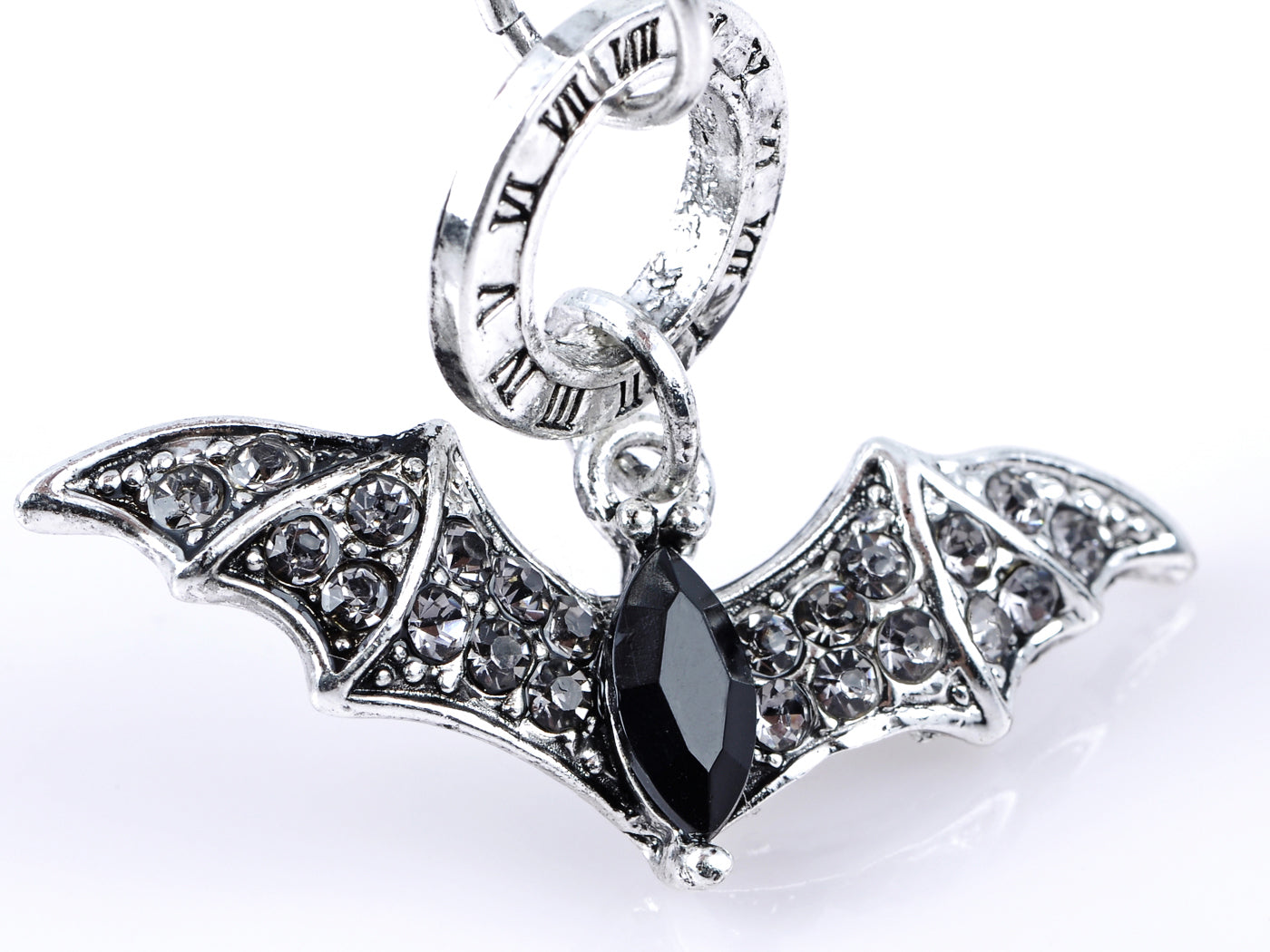 Black Flying Bat Pendant Necklace With Roman Numeral Engravings