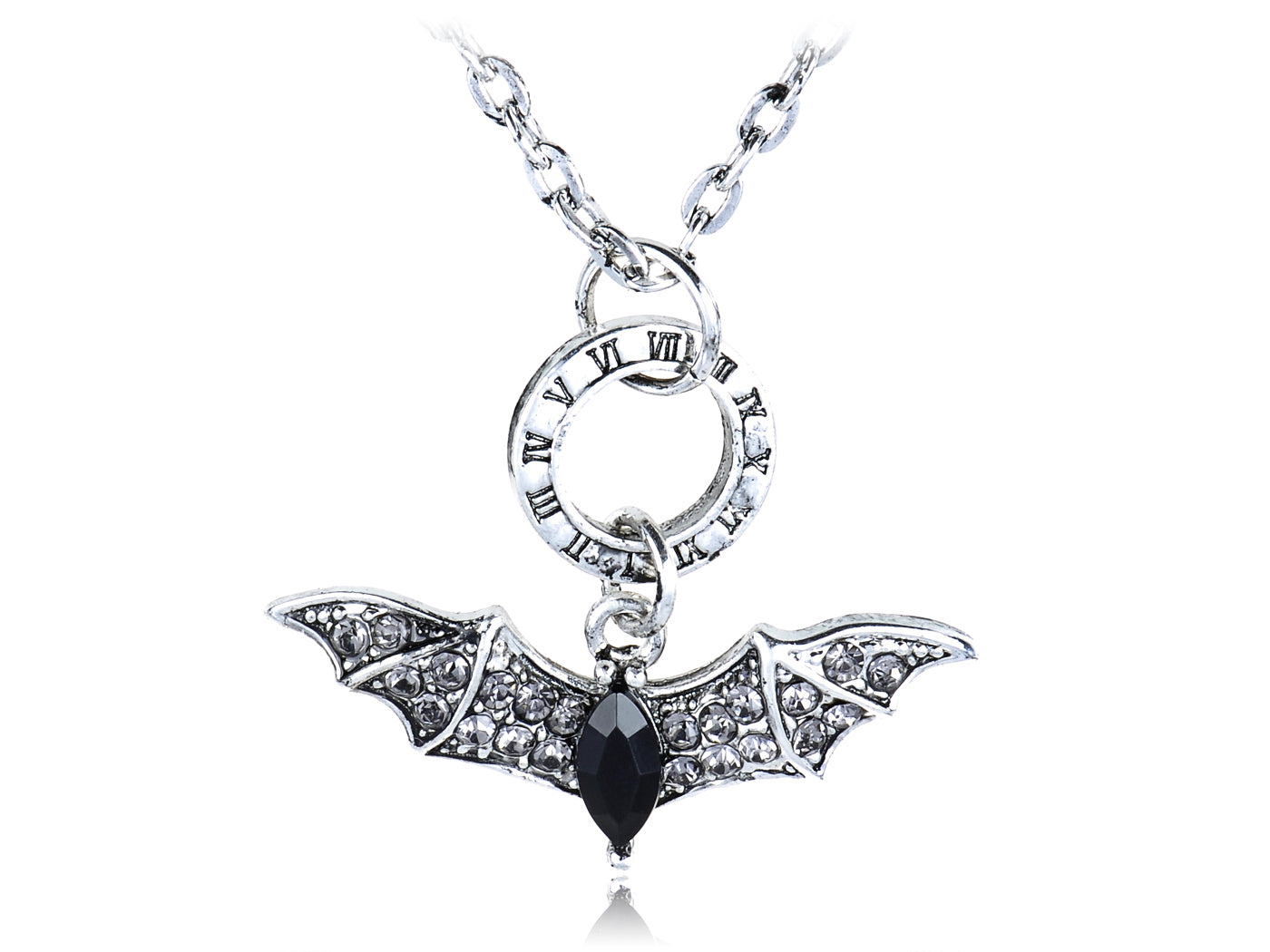 Black Flying Bat Pendant Necklace With Roman Numeral Engravings