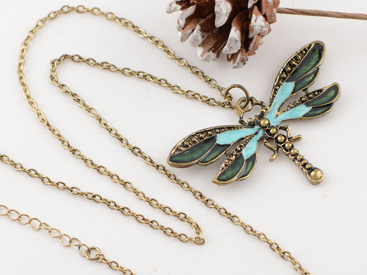 Painted Wing Dragonfly Antique Blue Green Brass Pendant Necklace