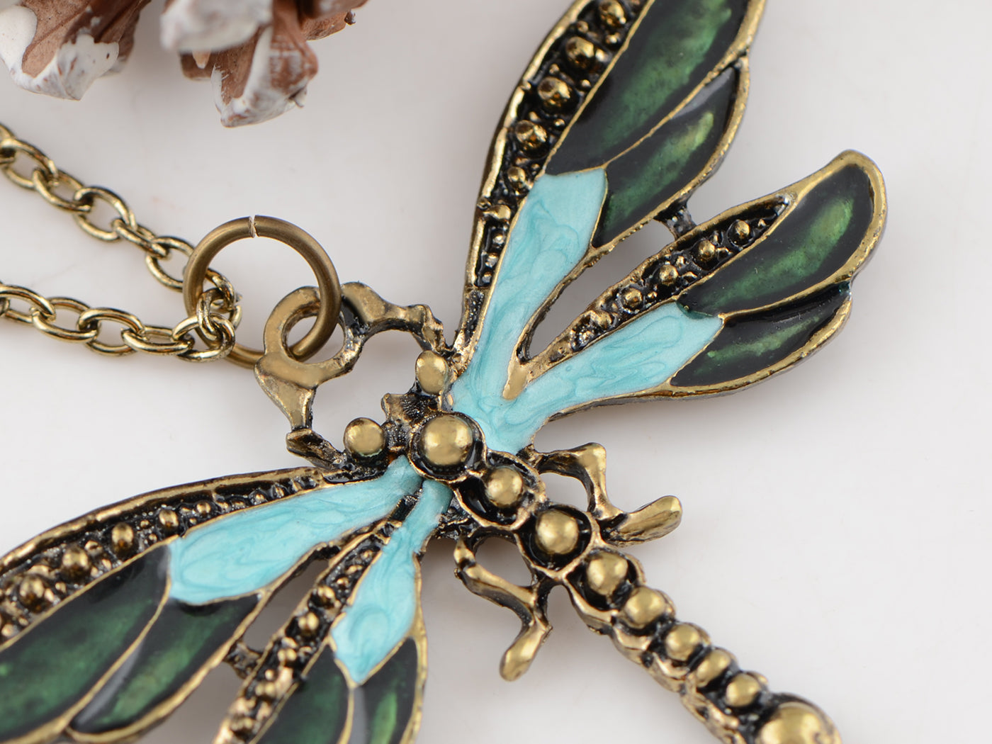 Painted Wing Dragonfly Antique Blue Green Brass Pendant Necklace