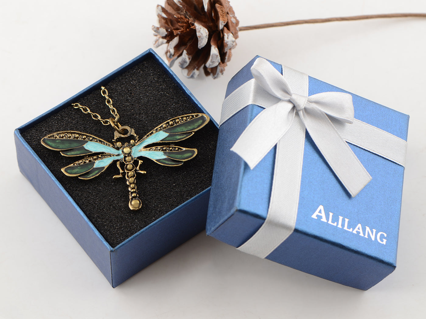 Painted Wing Dragonfly Antique Blue Green Brass Pendant Necklace