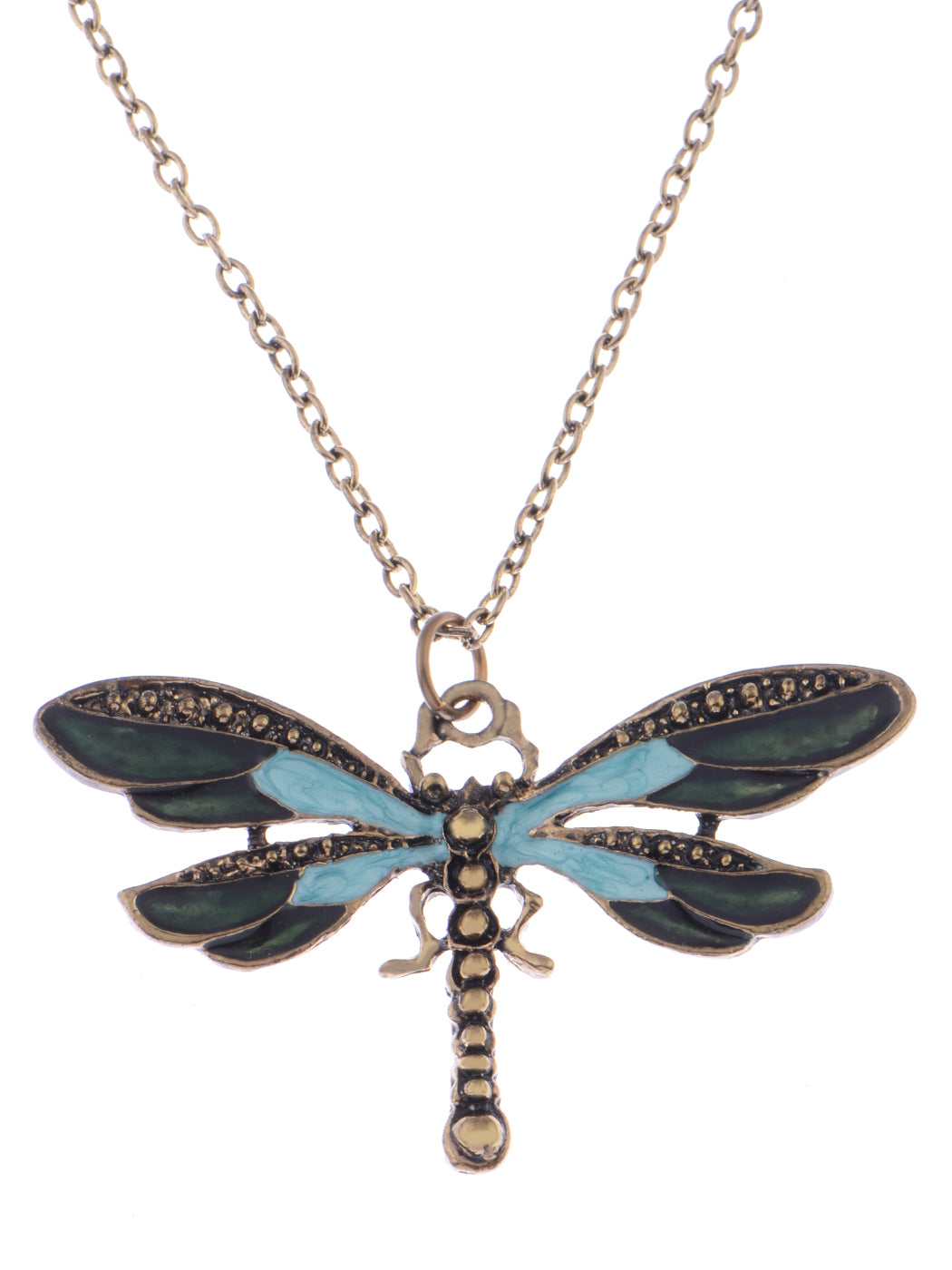 Painted Wing Dragonfly Antique Blue Green Brass Pendant Necklace