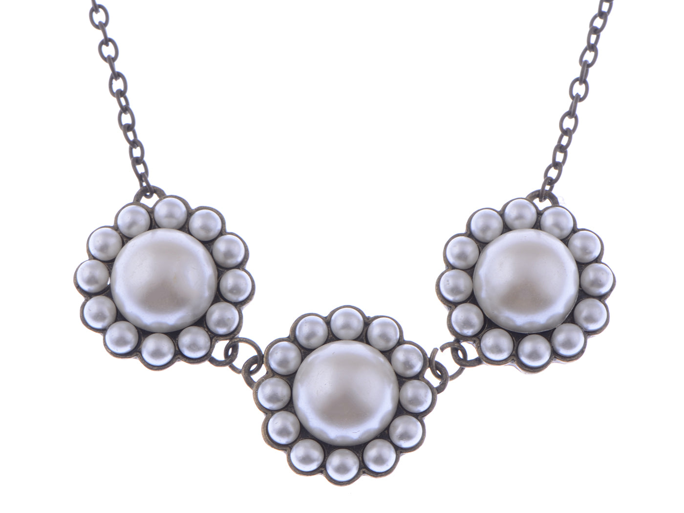 Pearly Bead Trio Group Flower Sun Collar Brass Color Necklace