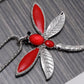 Neon Bright Red Painted Leaf Wing Dragonfly Flying Pendant Necklace