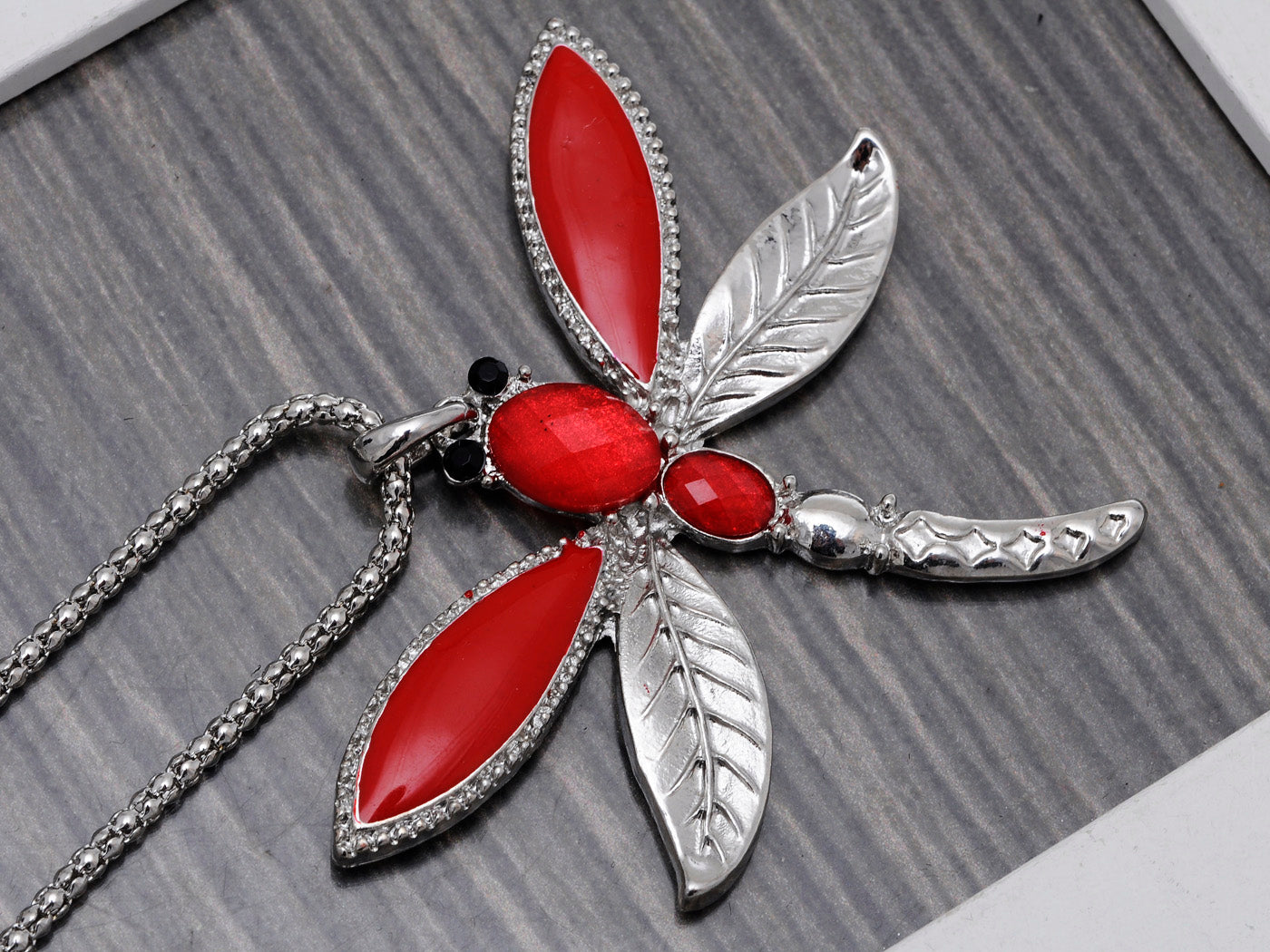 Neon Bright Red Painted Leaf Wing Dragonfly Flying Pendant Necklace