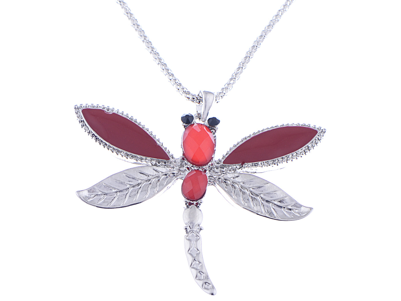 Neon Bright Red Painted Leaf Wing Dragonfly Flying Pendant Necklace