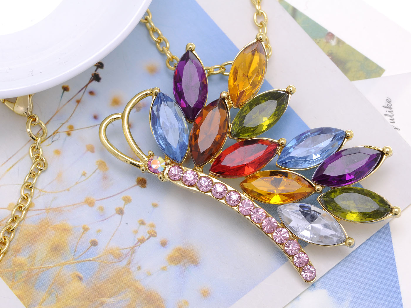 Colorful Czech Fancy Butterfly Pendant Necklace