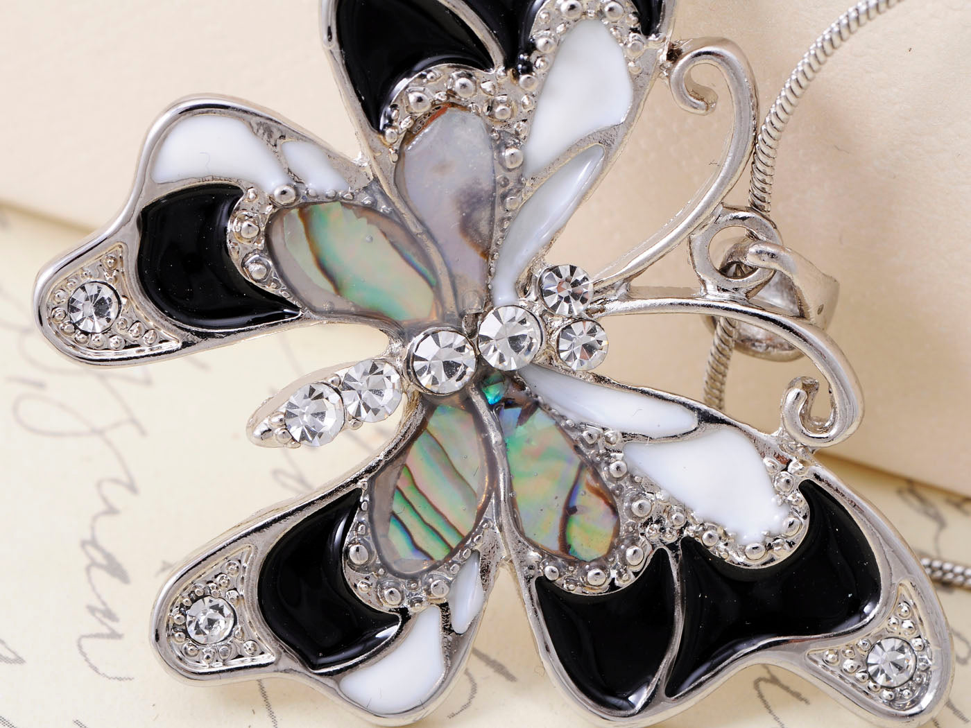 Abalone Colored Black White Butterfly Pendant Necklace