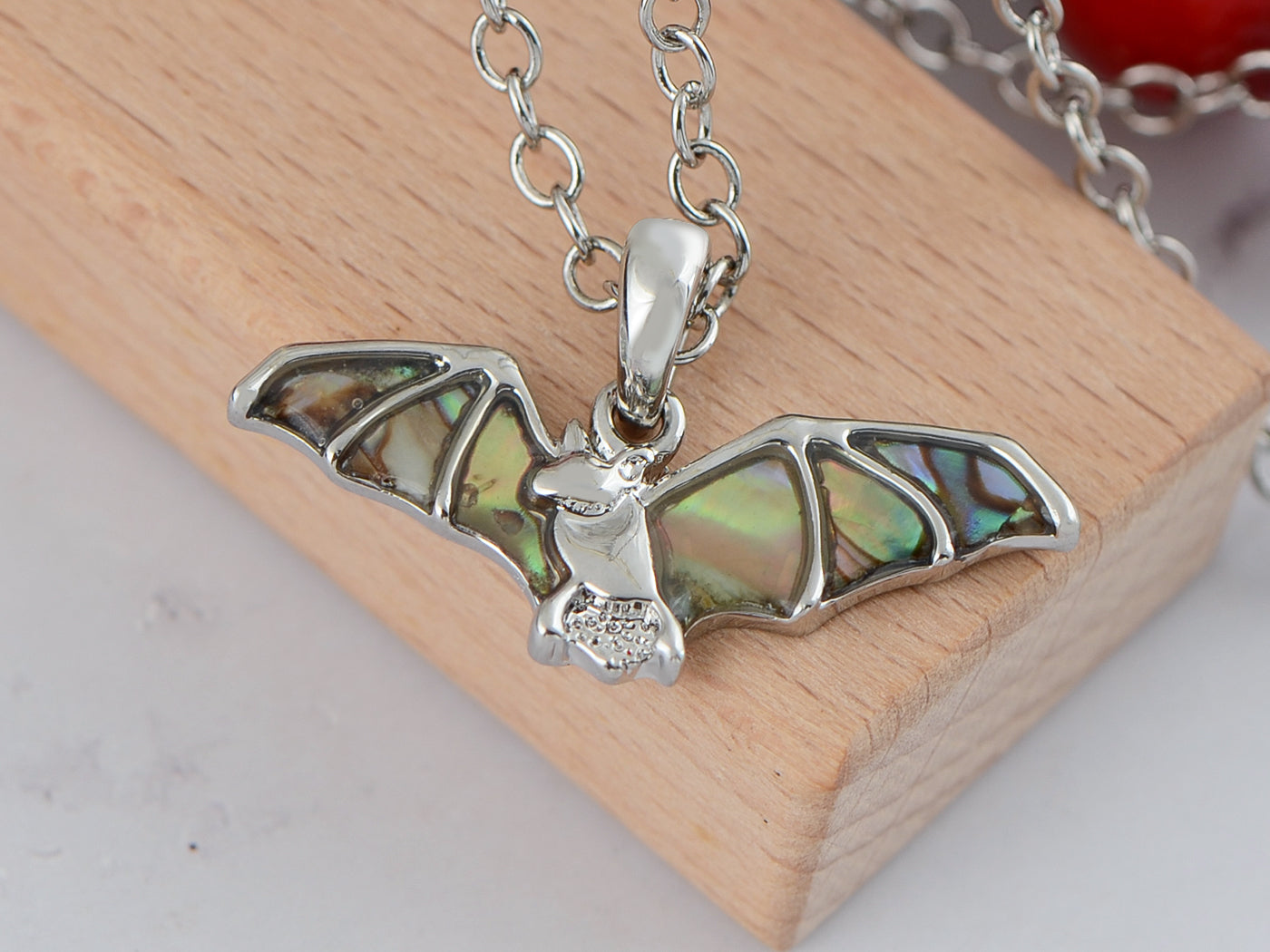 Abalone Shell Fly Wing Bat Halloween Creepy Dark Pendant Necklace