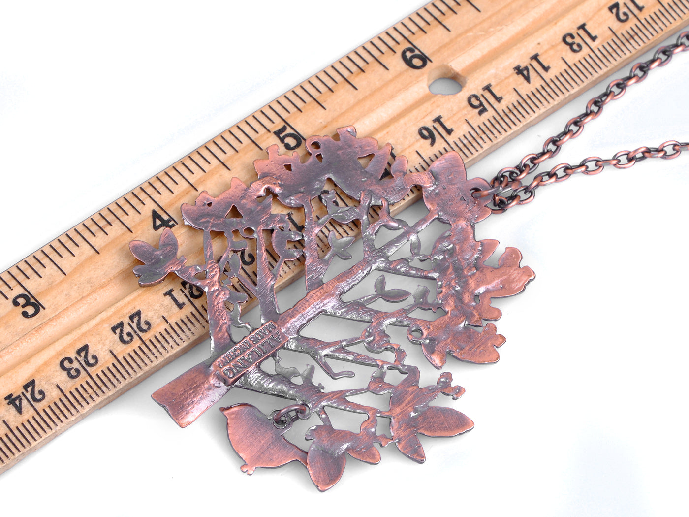 Copper Tree Leaves Forest Green Birds Necklace