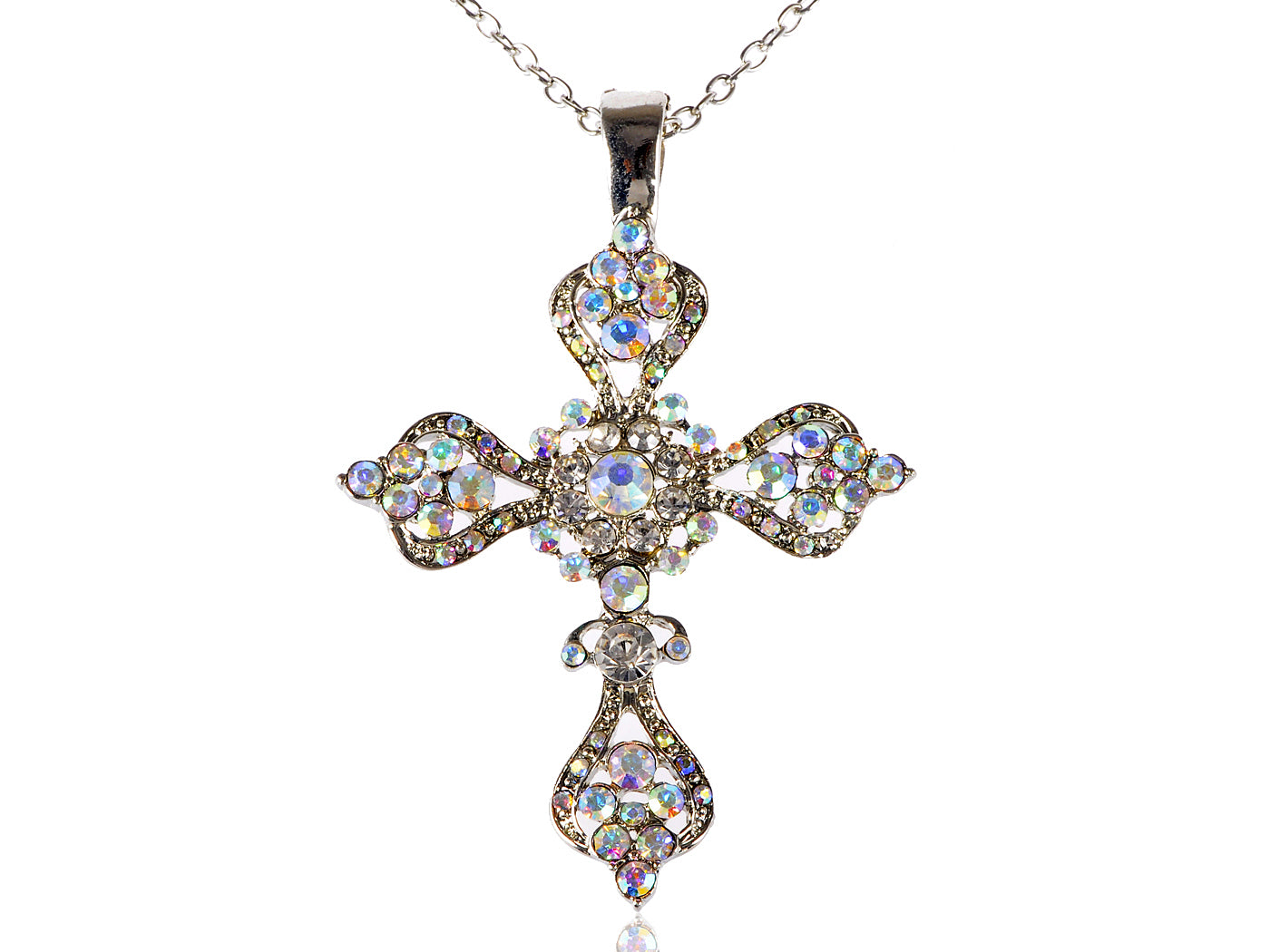 Aurora Borealis 4 Point Sharp Ice Holy Cross Pendant Necklace