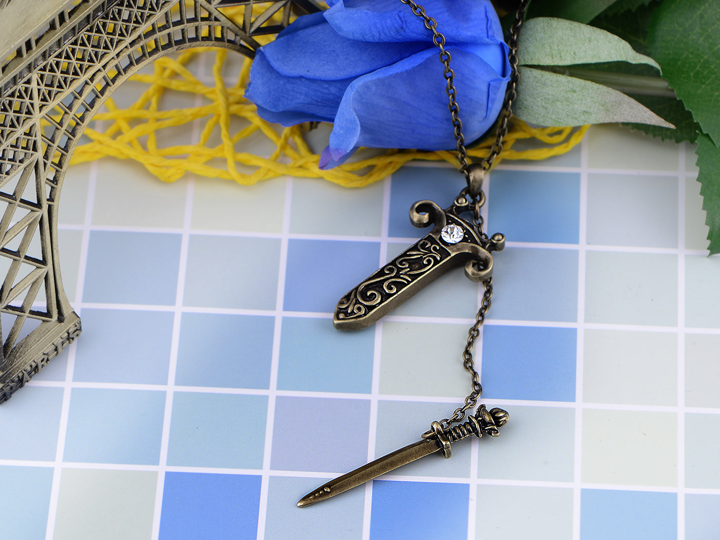 Antique Fantasy Medieval Renaissance Removable Scabbard Rune Sword Dagger Pendant Necklace