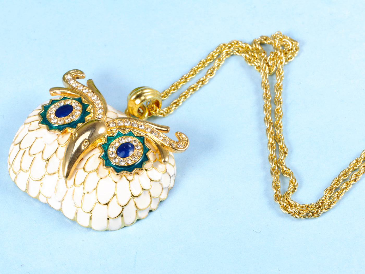 Rhine Enamel Painted Owl Head Pendant Necklace