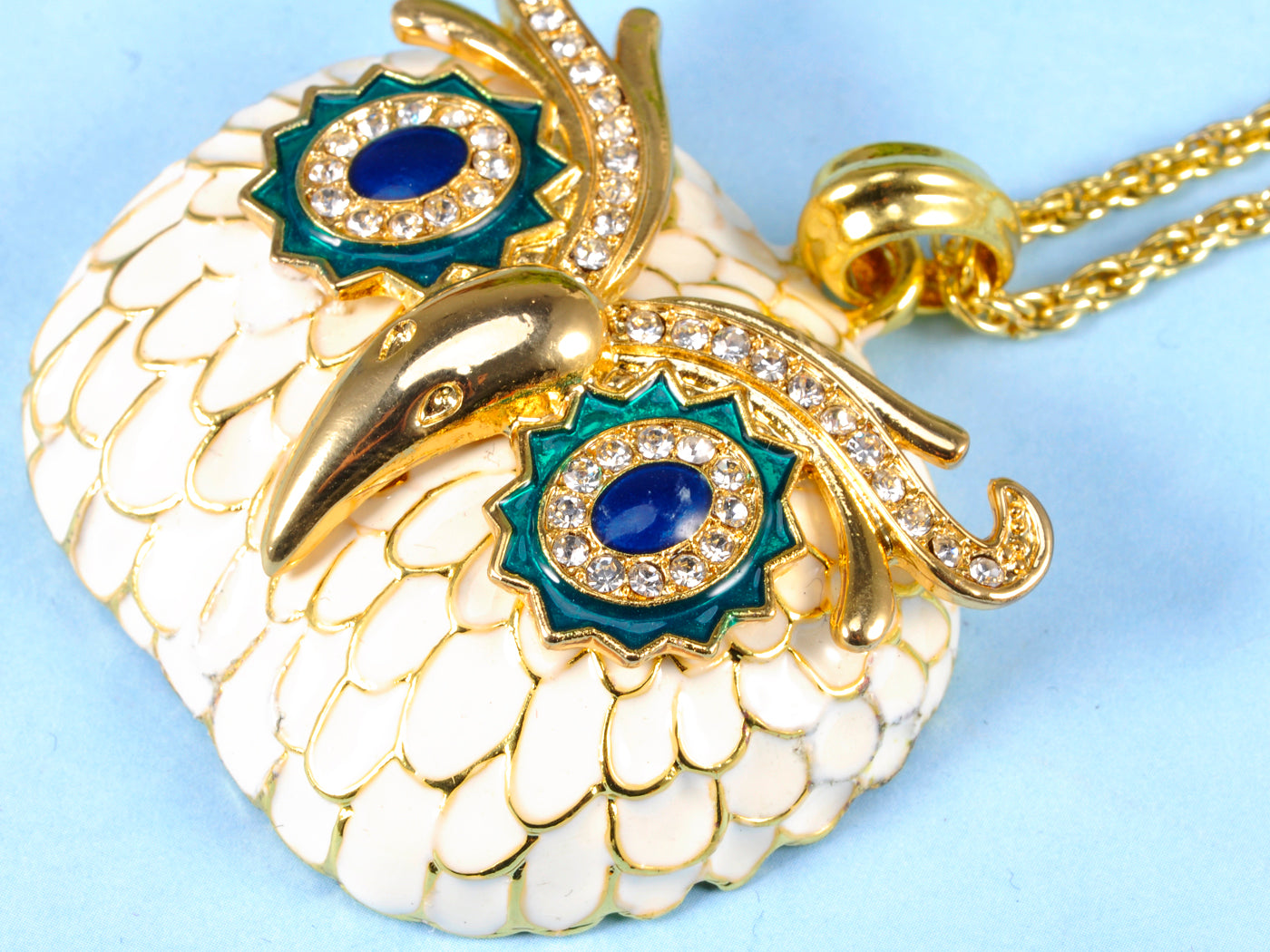 Rhine Enamel Painted Owl Head Pendant Necklace