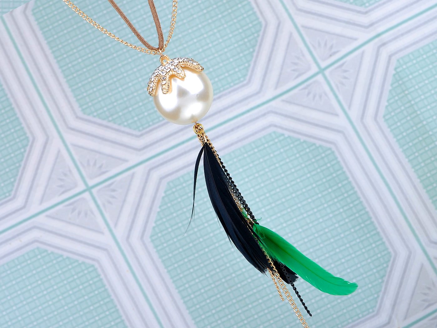 Green Black Feathers Pearl Bead Chained Long Dangle Necklace