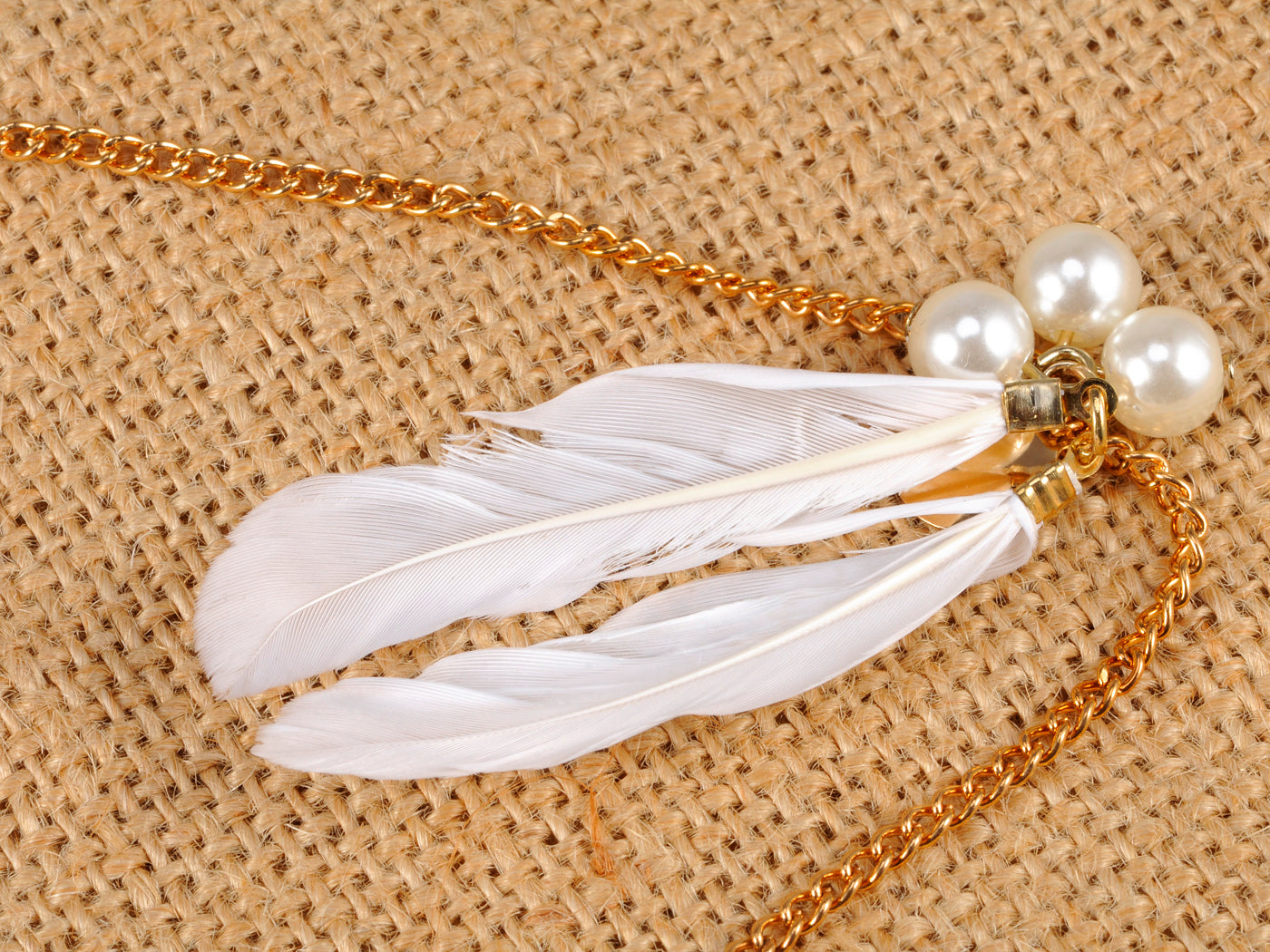 Fun Able White Feather Pearl Beaded Dangle Necklace