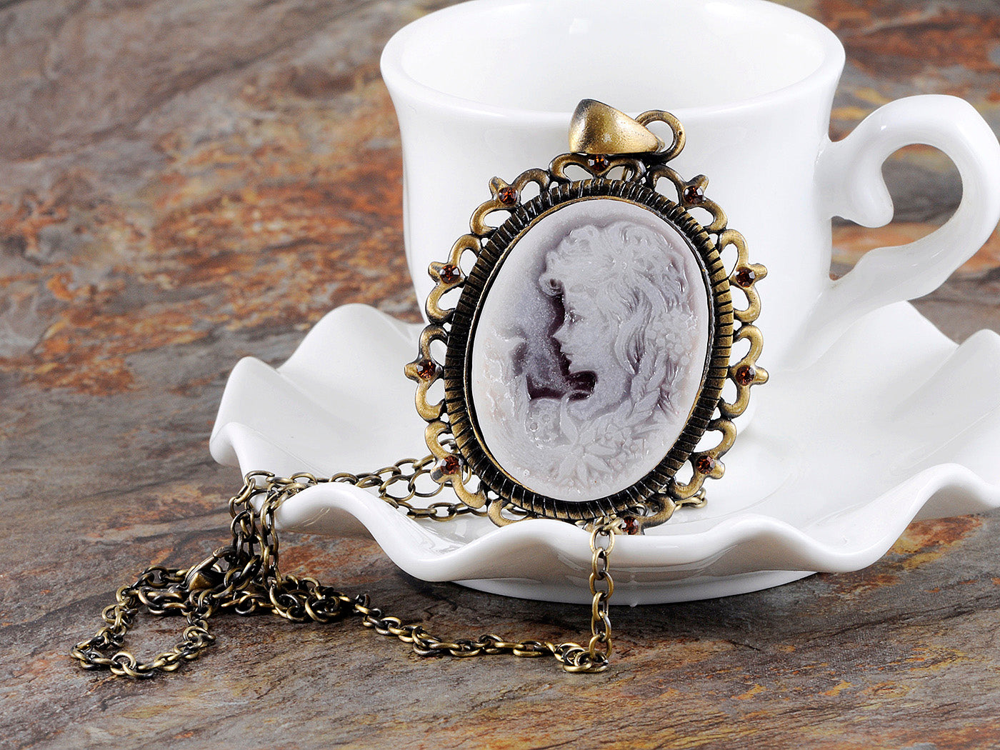 Vintage Antique Repo Oval Cameo Maid Necklace Pendant