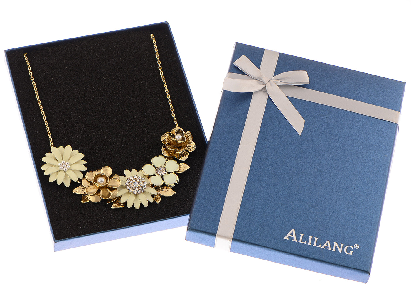 Flower Pearl Statement Bib Necklace With Gray Yellow Enamel - ALILANG.COM