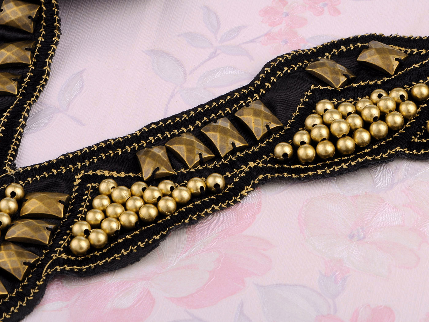 Black Tribal Fabric Embroidered Bead Tie Bib Collar Necklace