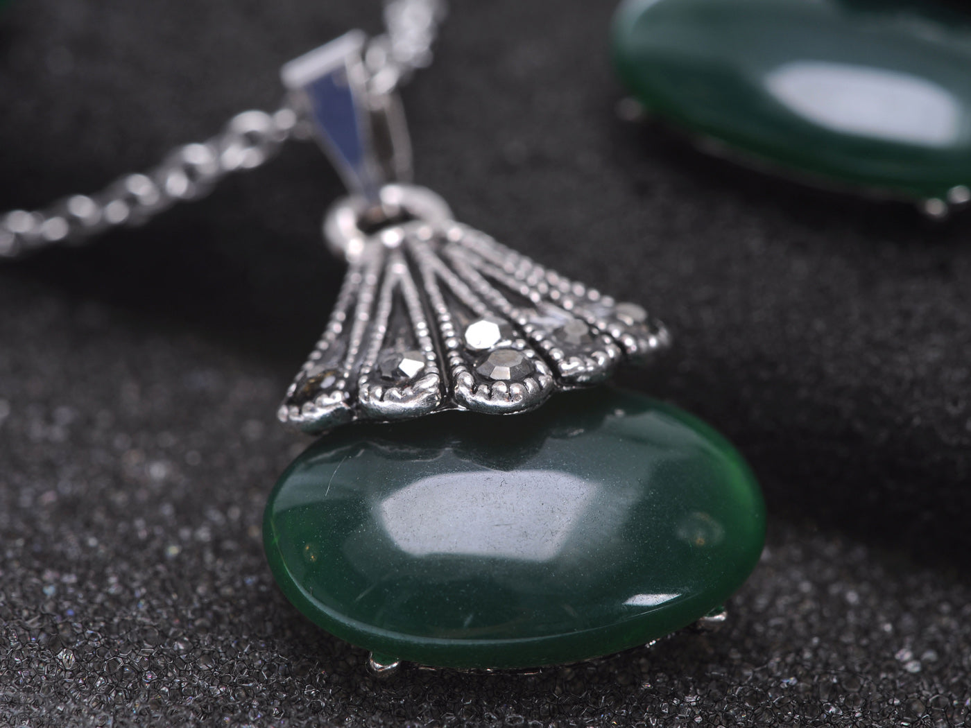 Dark Green Jade Asian Gray Necklace Earring Set