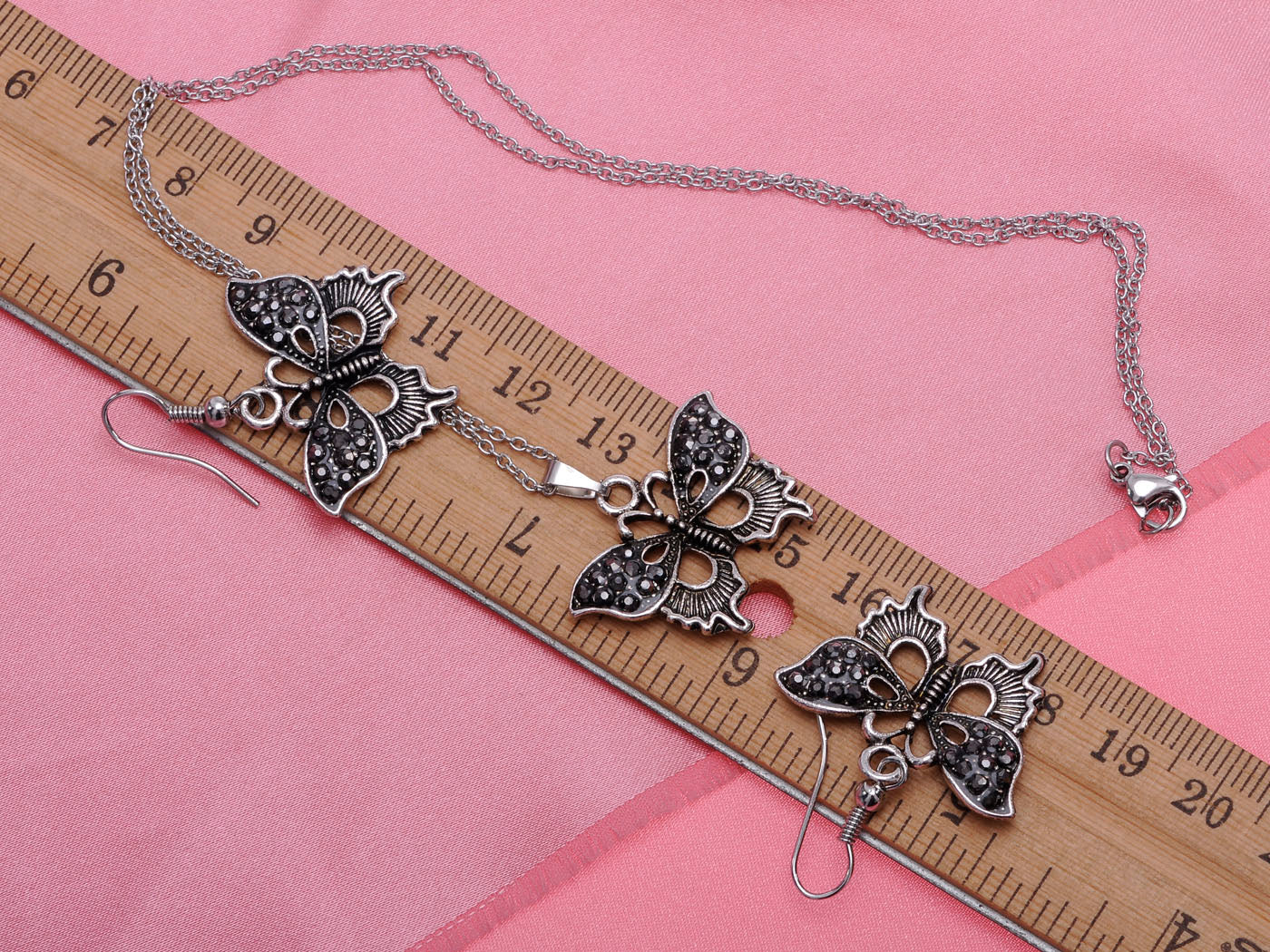 Gun Texture Wings Butterfly Necklace Earring Set