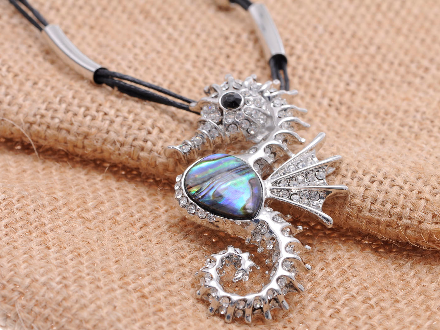 Abalone Colored Nautical Seahorse Pendant Cord Necklace