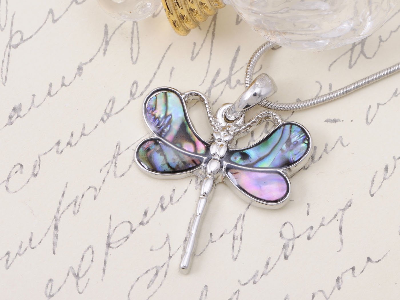 Silver Abalone Colored Butterfly Insect Wings Pendant Necklace