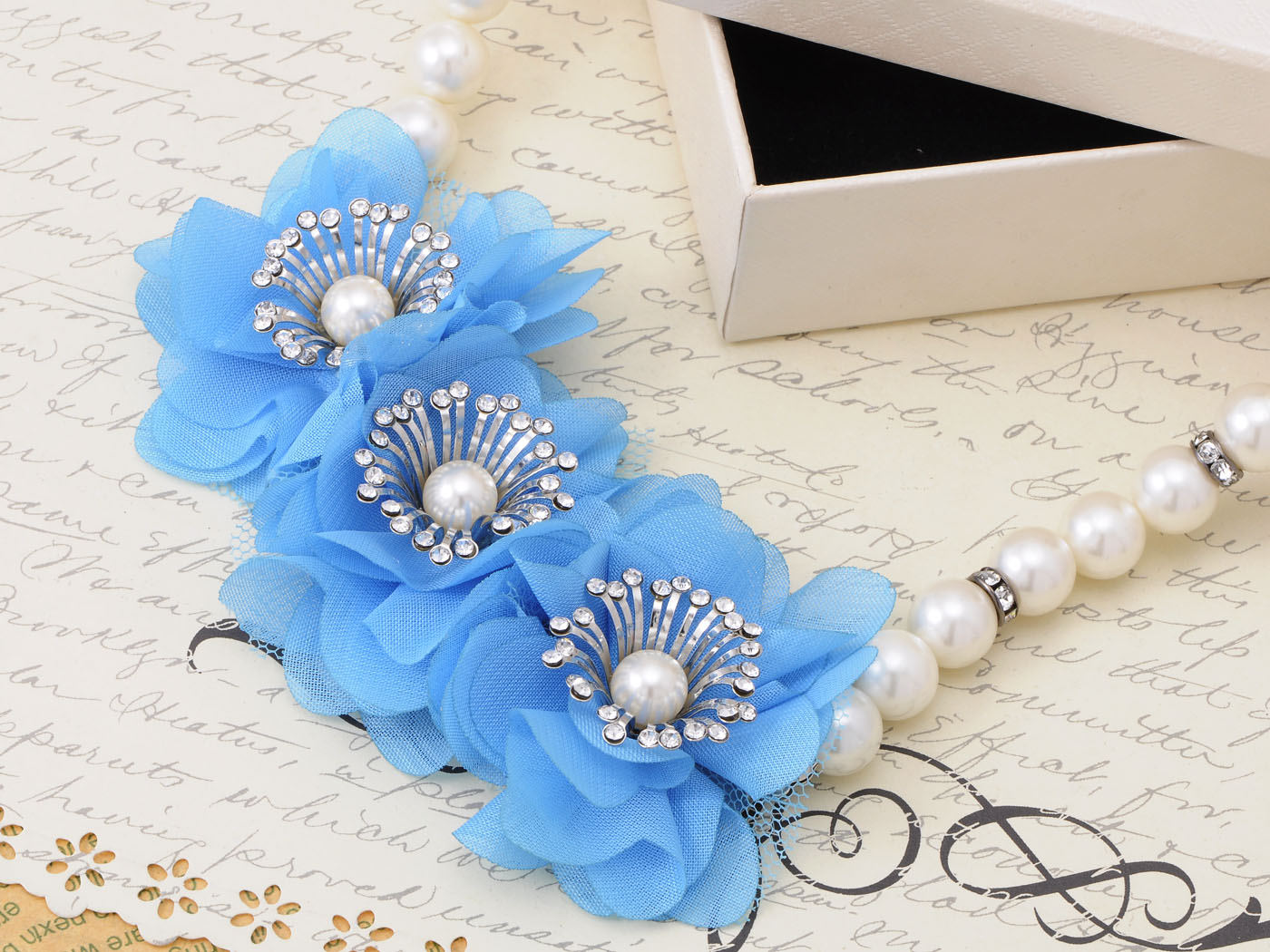 Three Blue Flower Pendant Accented Pearl Necklace