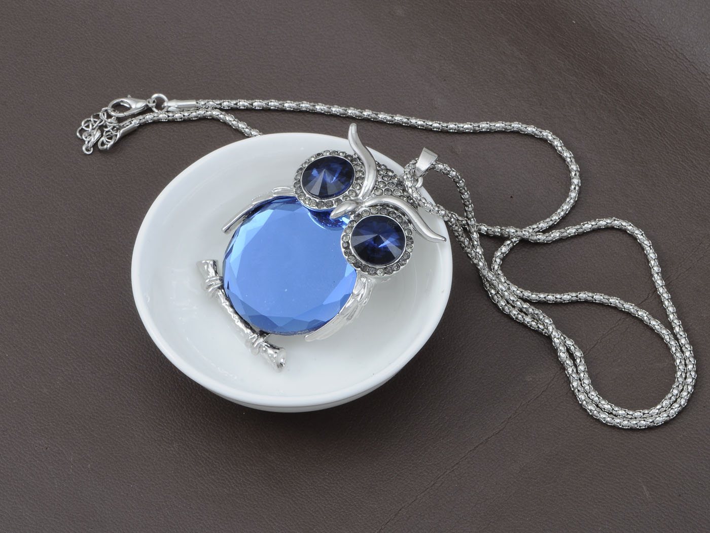 Sapphire Blue Colored Fat Owl Bird Pendant Necklace