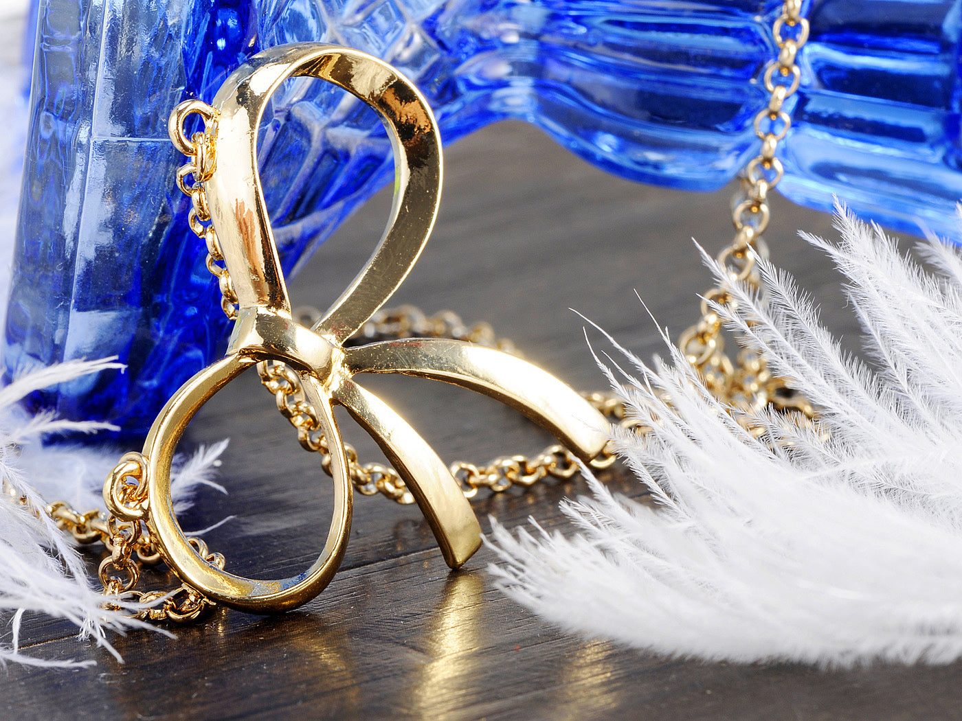 Gold Ribbon Bow Hoop Pendant Necklace