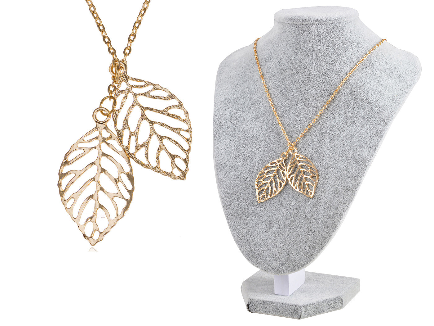 Double Two Leaf Filigree Pendant Chain Necklace