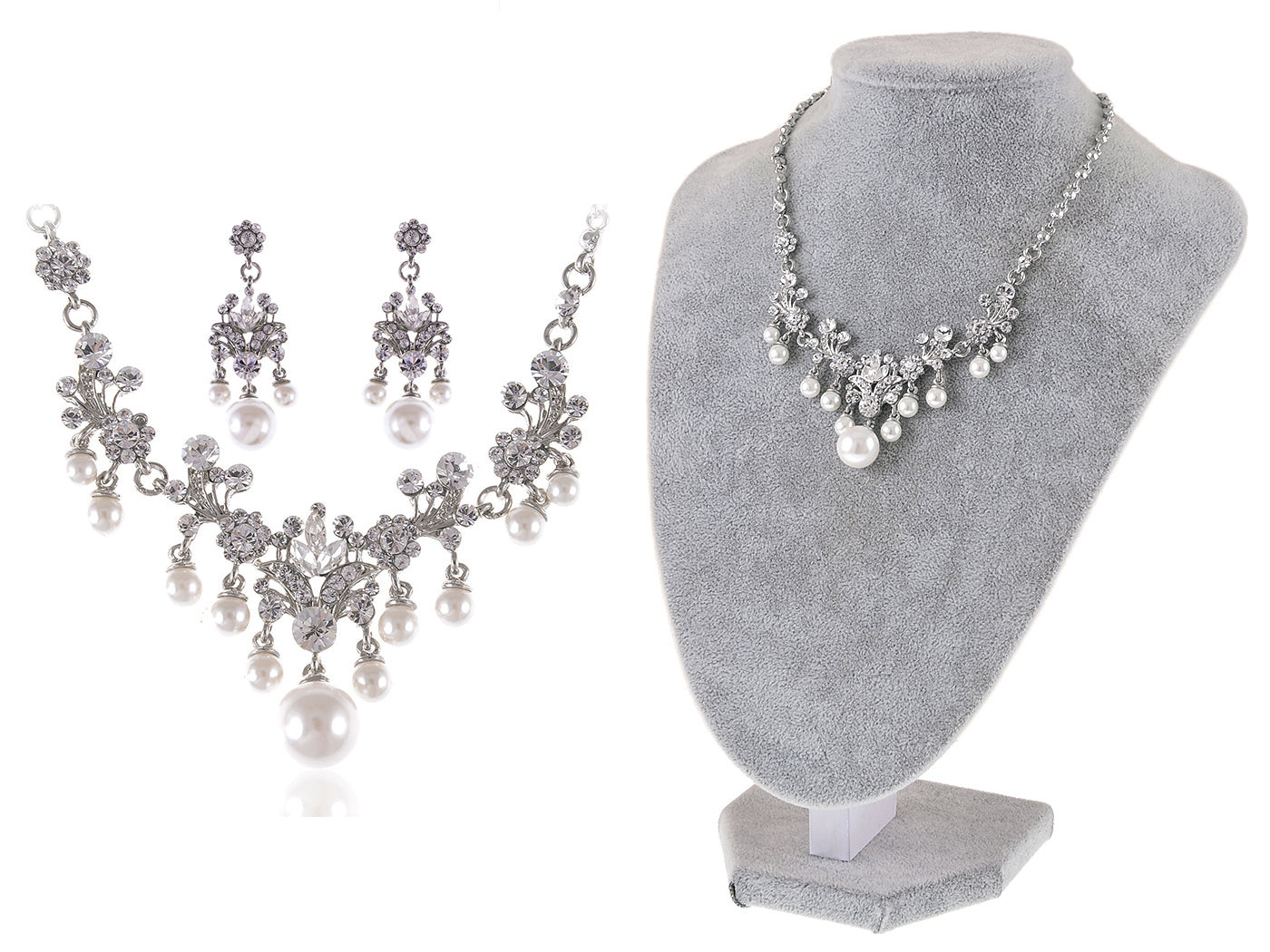 Bridal Wedding Silver Flower Pearl Necklace Earring Jewerly Set