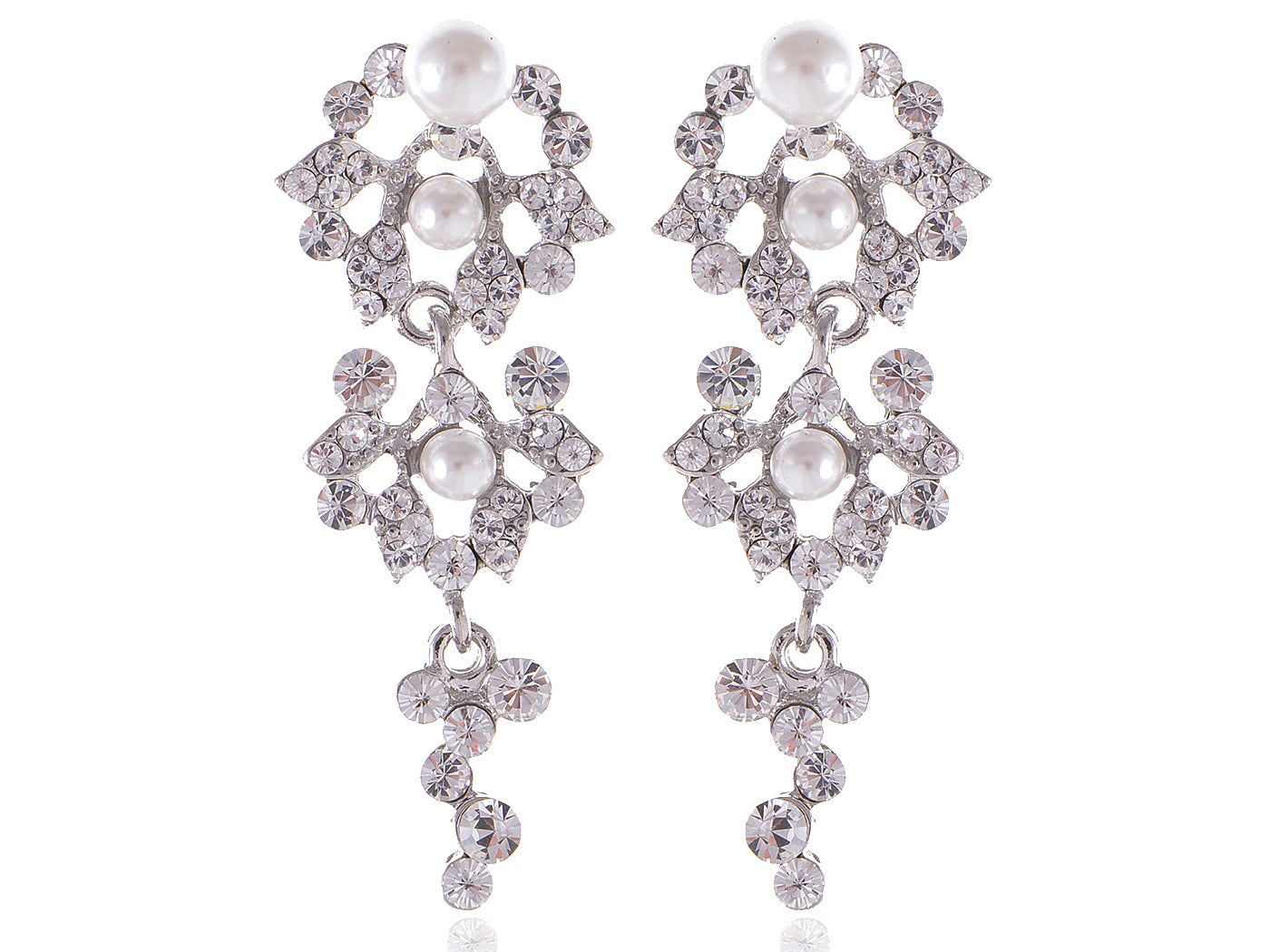 Silver Flower White Pearl Necklace Dangle Earrings Jewelry Set