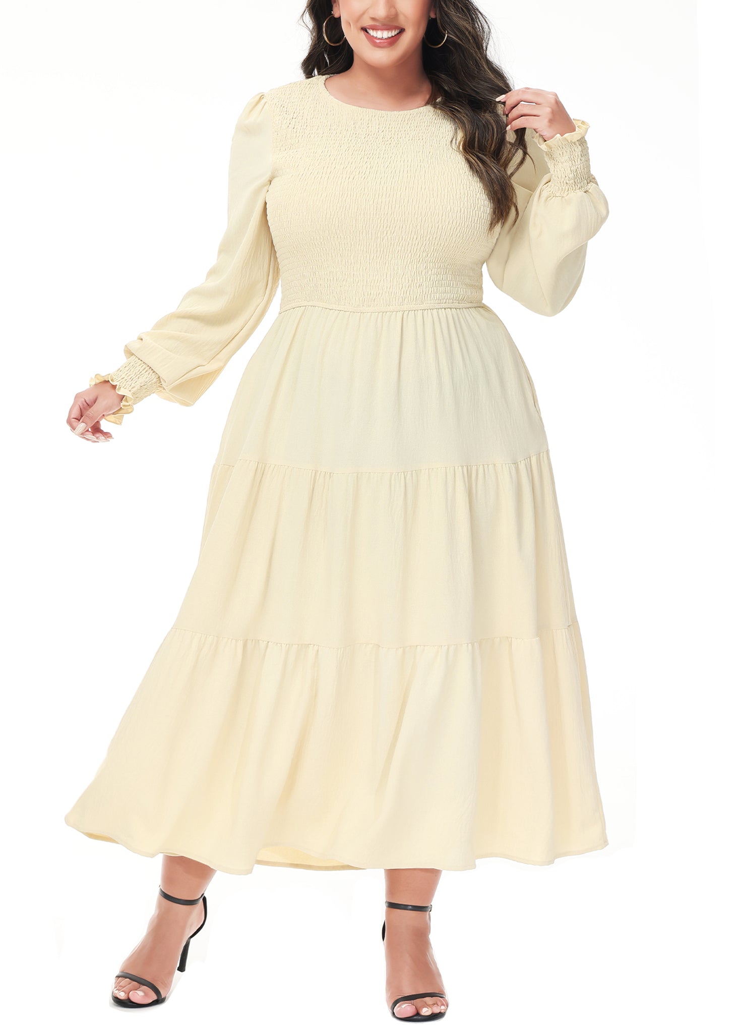 Anna-Kaci Women's Plus Size Casual Poet Long Sleeve Smocked Dress Crewneck Flowy Tiered Midi Dress, Beige / Plus-1X-14W-16W Anna-Kaci Women's Plus Size Casual Poet Long Sleeve Smocked Dress Crewneck Flowy Tiered Midi Dress, Beige / Plus-1X-14W-16W