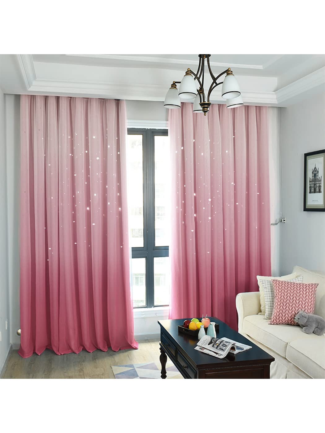 Dodolly Blackout Curtains, Double Layers Hollow Out Stars Window Curtains Gradient Curtains, 2 in 1 Fabric and Gauze Window Curtains Panel, Set of 2, W42xL63 Inch (Blue, 42Wx63L)