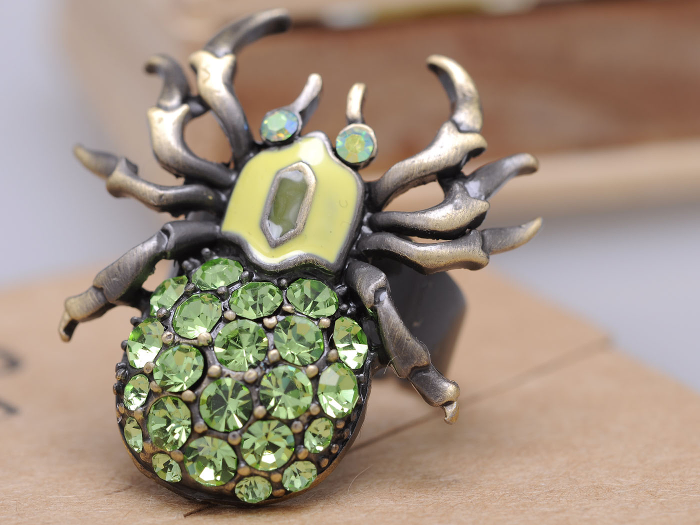 Bronze Brass Peridot Green Body Spider Insect Bug Ring