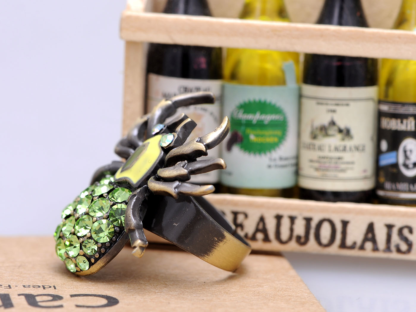 Bronze Brass Peridot Green Body Spider Insect Bug Ring